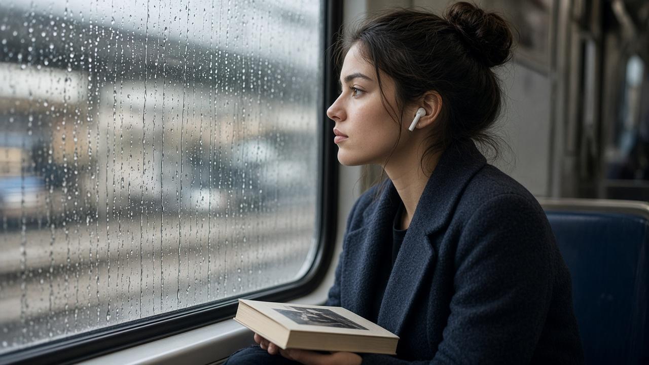 A commuter on a train looking out the window with earbuds in, a paperback in her lap